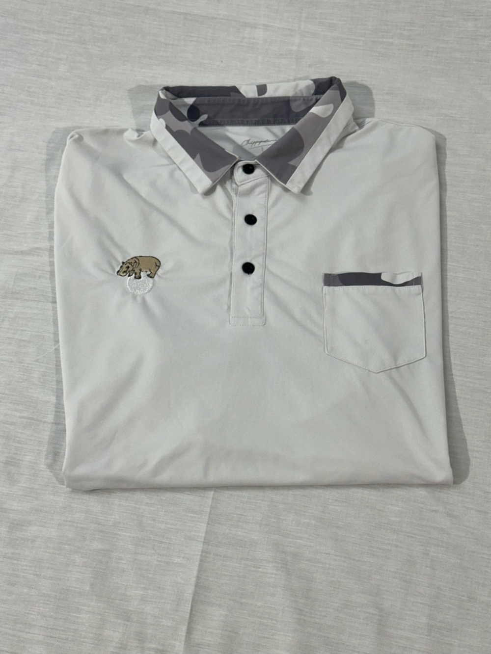 Men's White Polo with Gray Camo-Trim Collar and Pocket